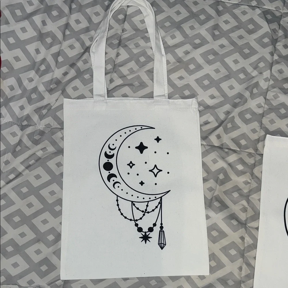 White Canvas Tote Bag with Black Celestial Design